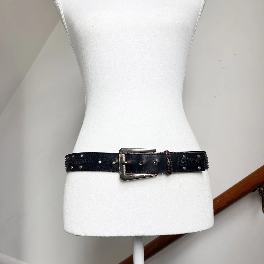 Vintage Black Leather Studded Distressed Boho Biker Belt Braided Michael Kors - Picture 3 of 12